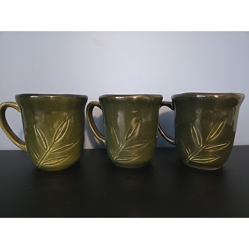 3 STUDIO JCP Home Collection Coffee Mugs Cups Stoneware Green Leaf Pattern